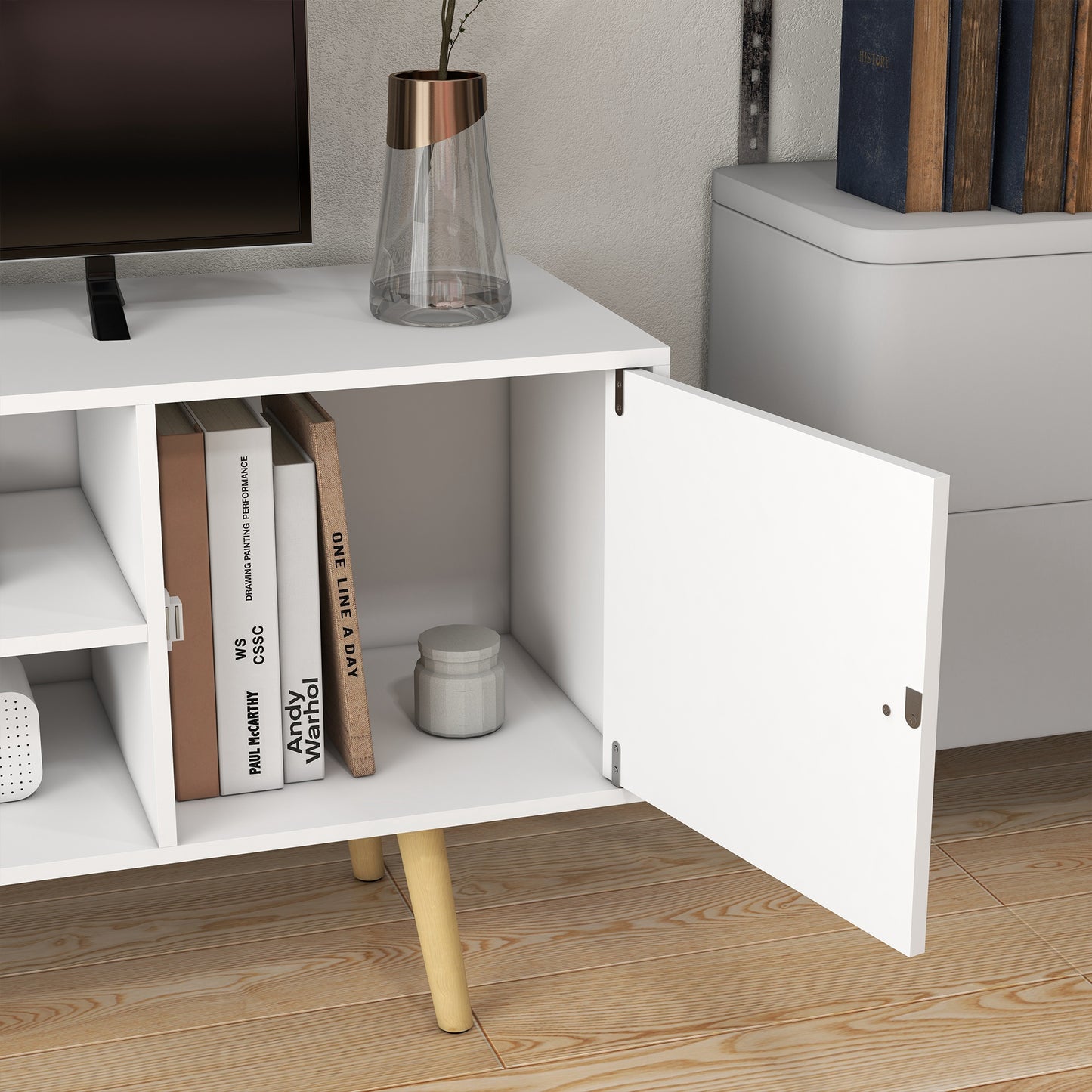 TV Unit Cabinet for TVs up to 55 Inches W/ Shelves and Cupboards, White