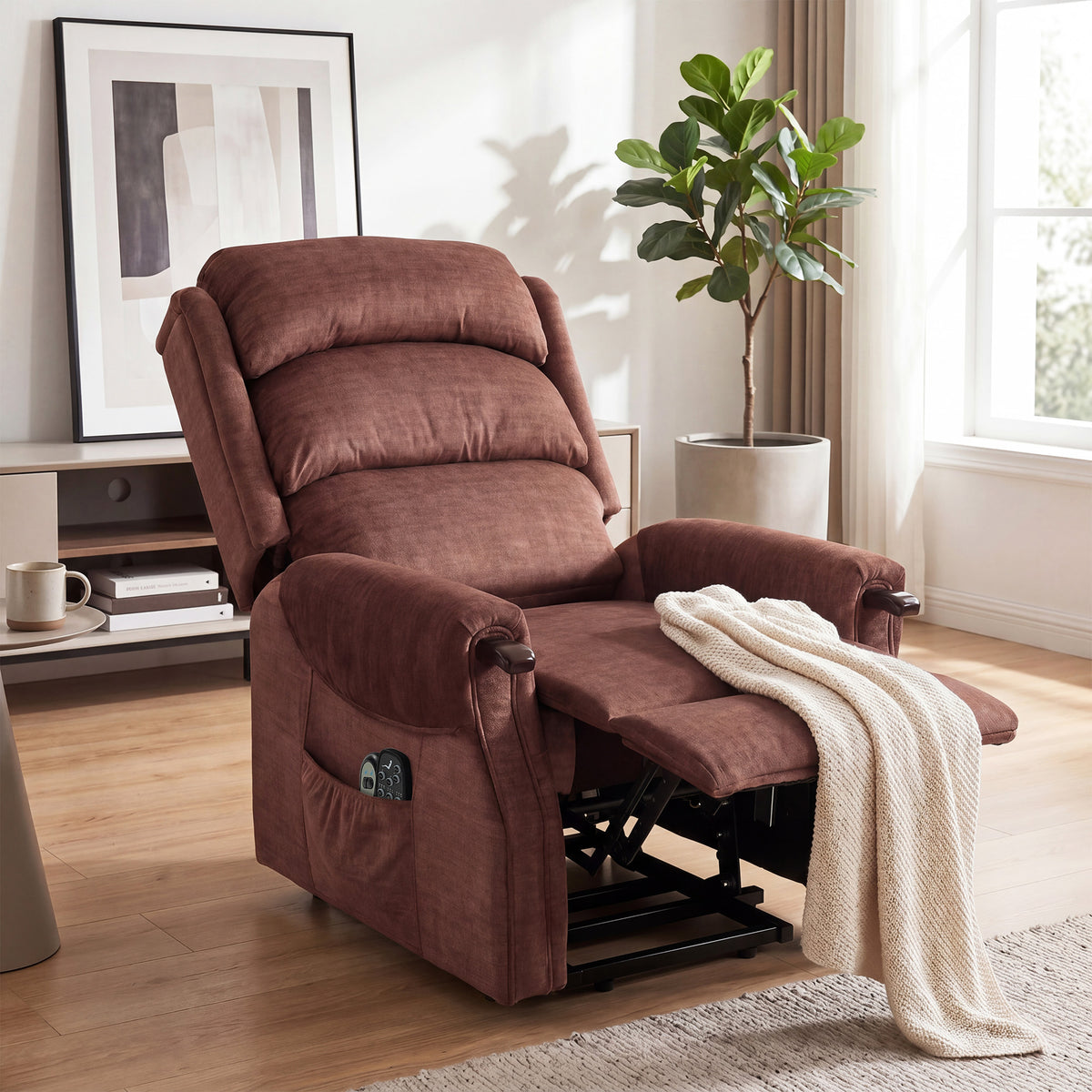 Massage and Heated Electric Riser Recliner Chair with Wooden Grips and Side Pockets - Brown & Wood Colour