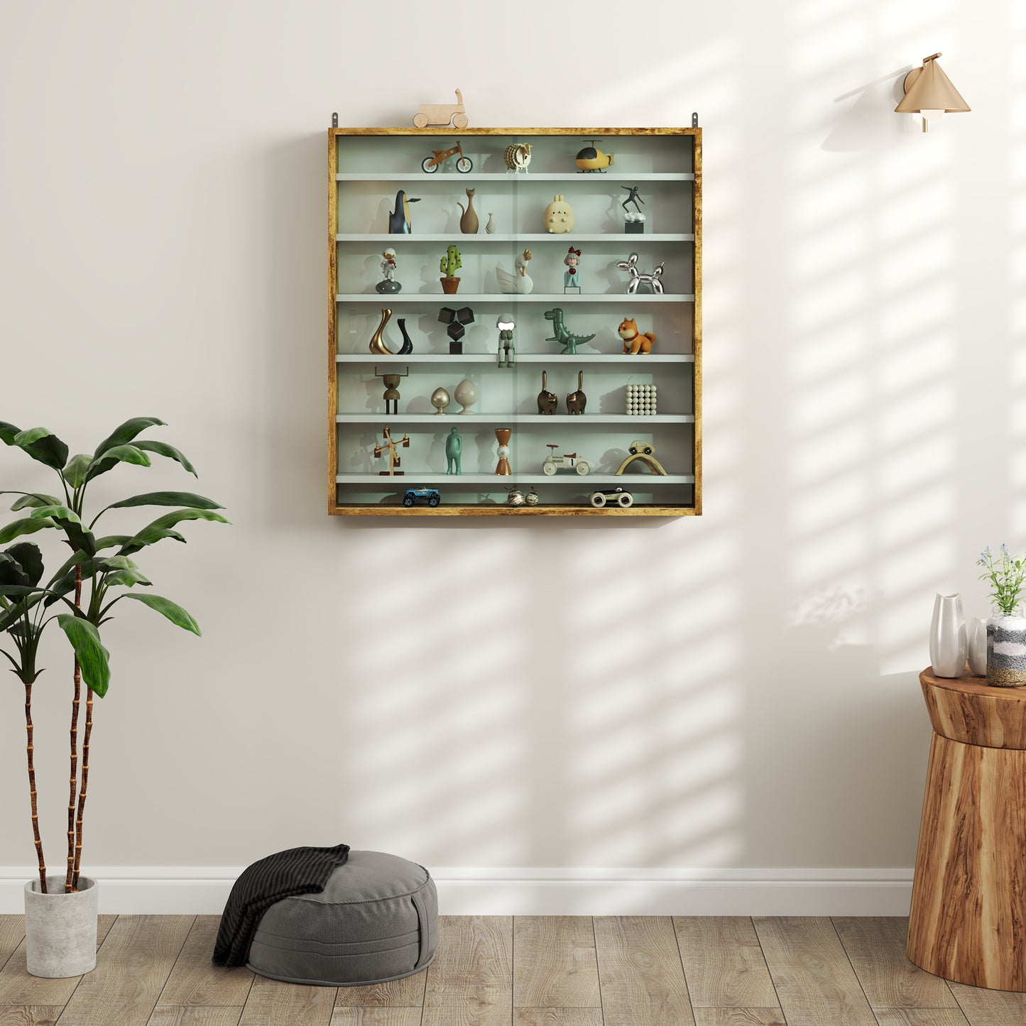 7-Tier Wall Display Cabinet w/ Shelves Glass Doors, Rustic Brown