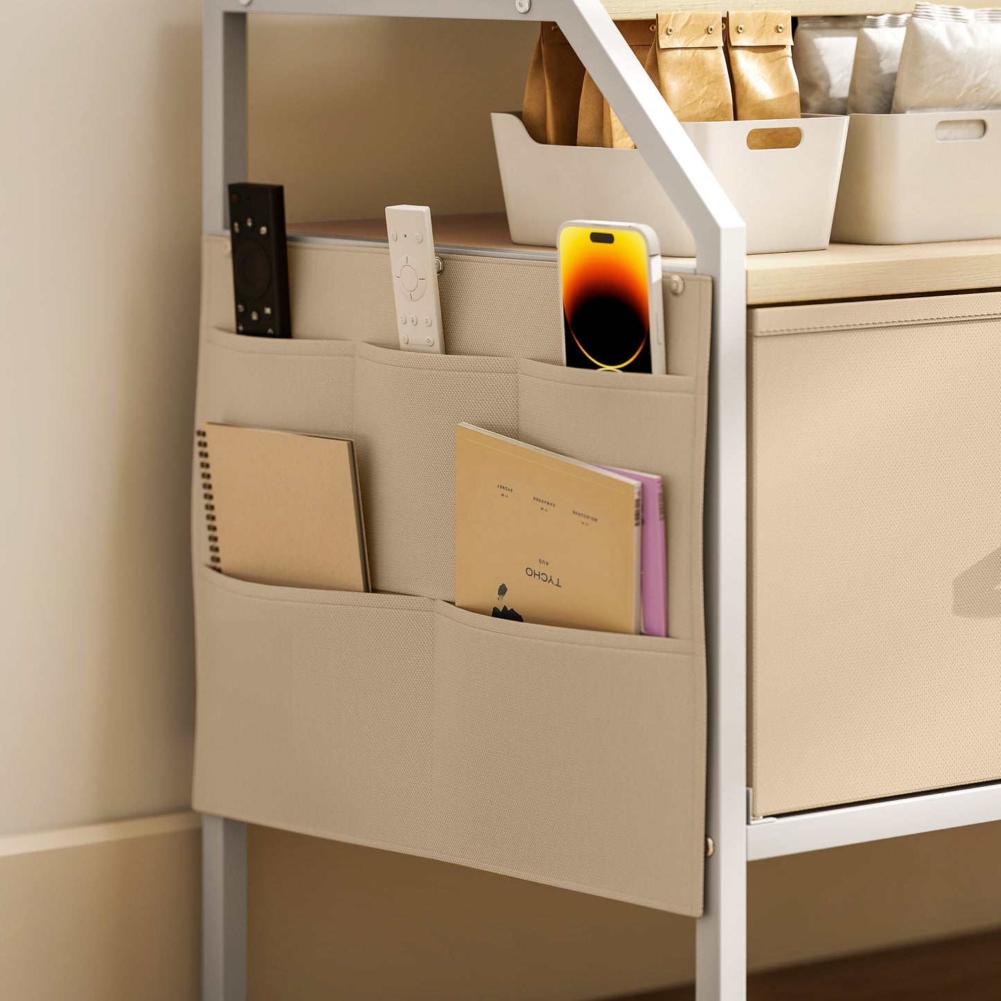 TV Stand Cabinet with 2 Foldable Drawers, Natural Wood Finish