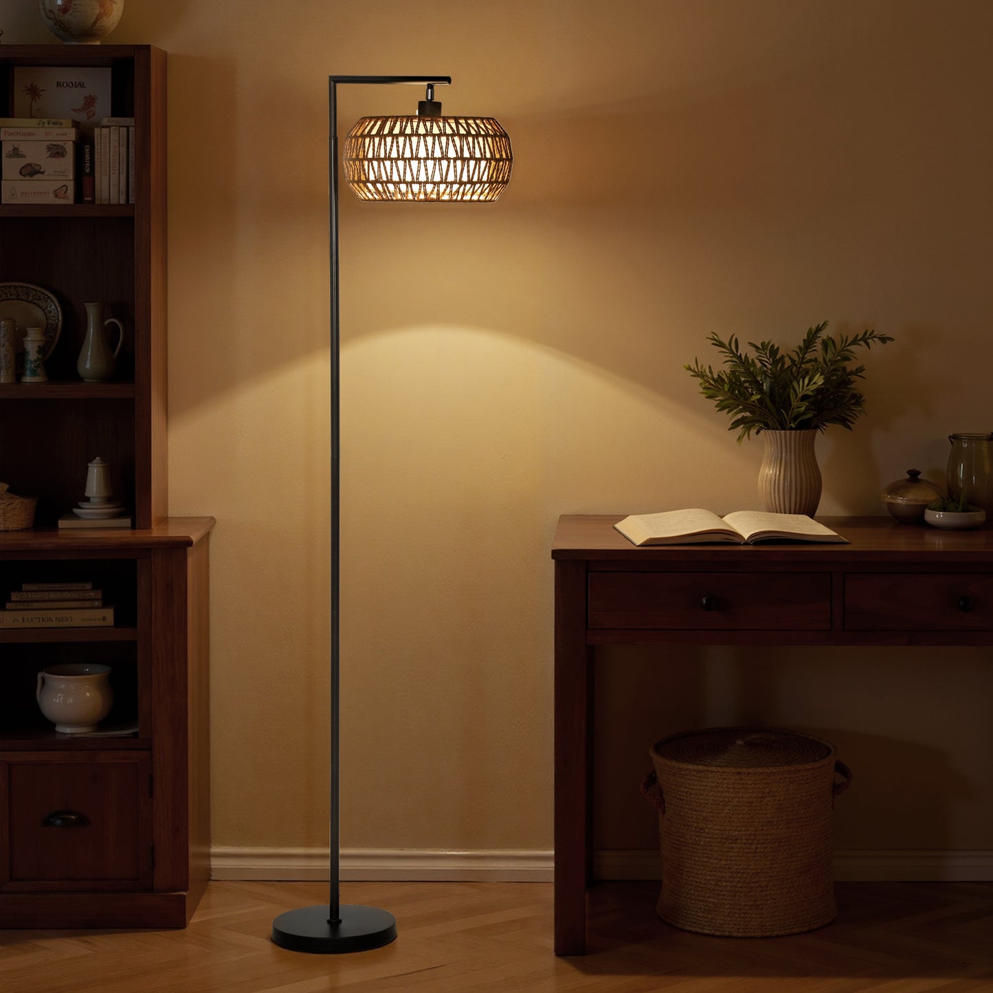 Dimmable Standing Lamp with Double Shade, Boho Floor Lamp, Black