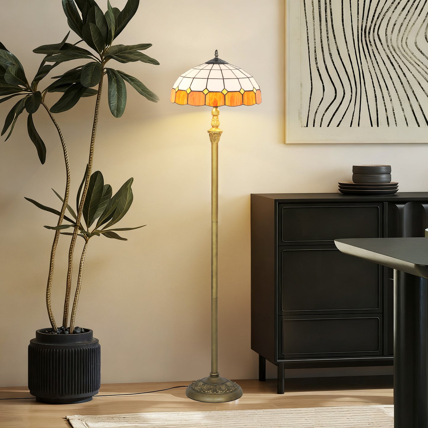 Floor Lamp with Handcrafted Stained Glass Shade, Vintage Standing Lamp