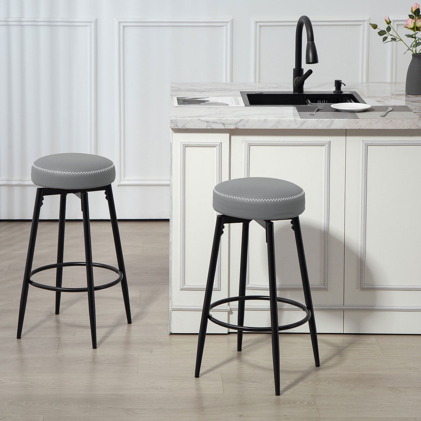 Swivel Bar Stools Set of 2, PU Leather Barstools with Footrest