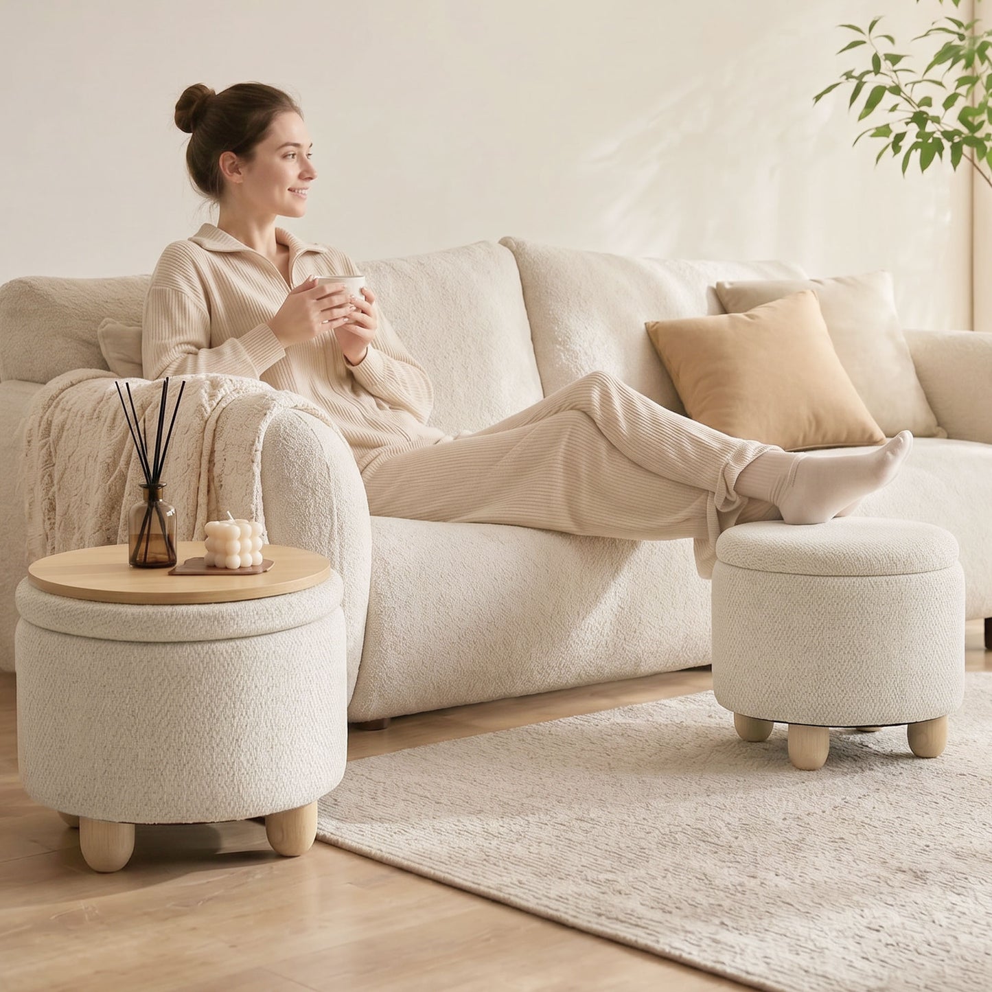 Round Storage Ottoman with Reversible Lid, Beige