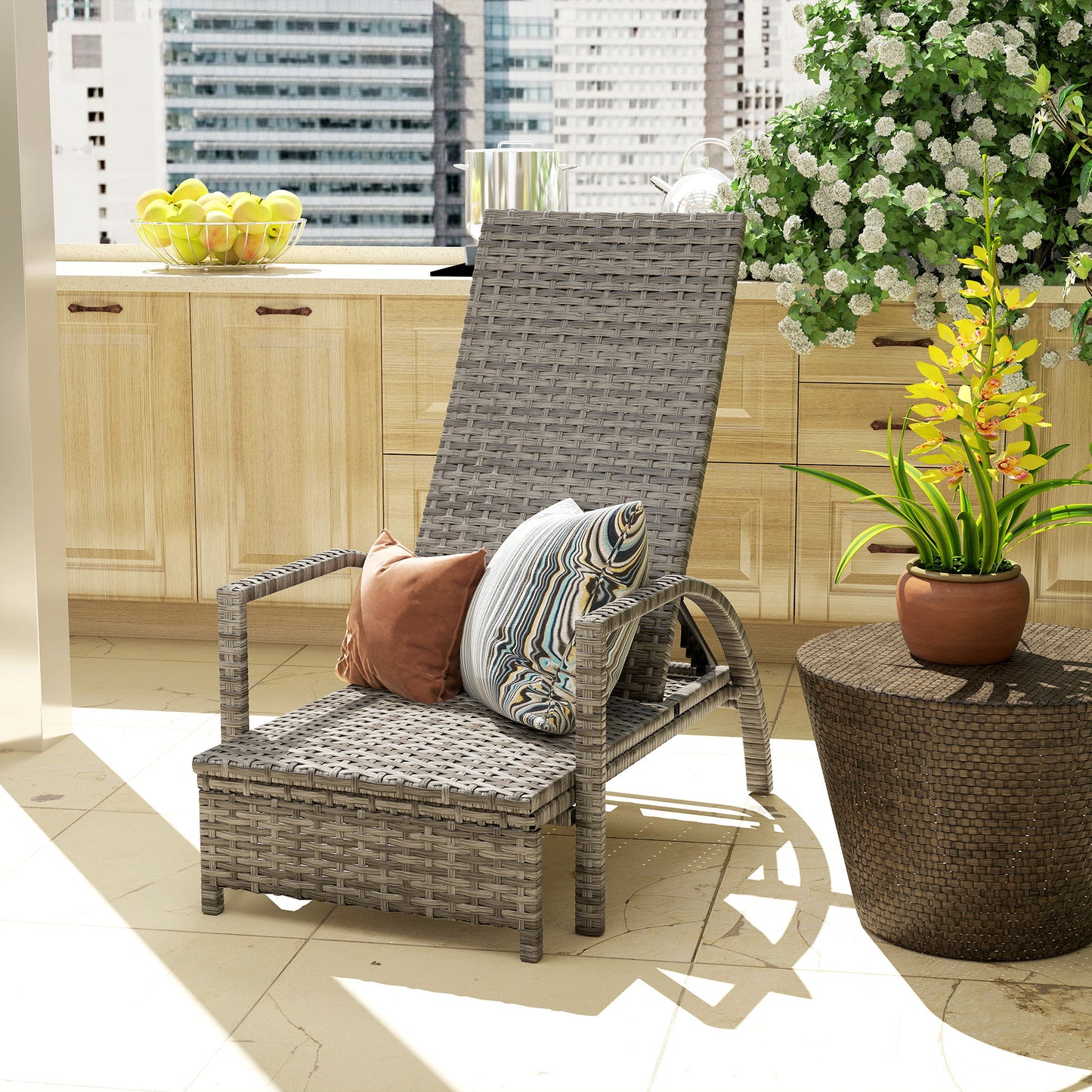 PE Rattan Sun Lounger with 4-Level Adjustable Backrest, Mixed-grey