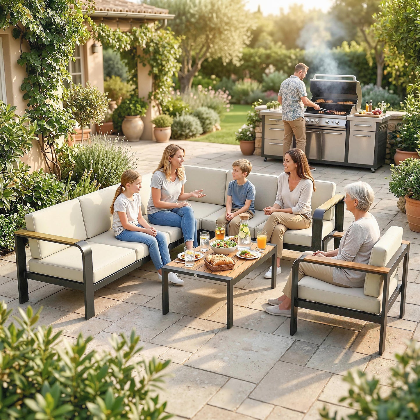 Garden Furniture Set with L-Shaped Sofa, Armchair and Table