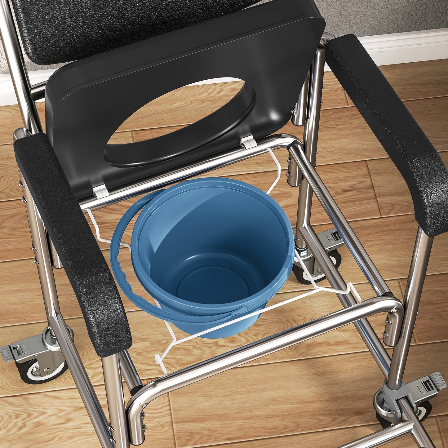 3-in-1 Commode Chair with Wheels, Transport Beside Shower Chair, Waterproof Rolling Shower Commode Wheelchair with Padded Seat for Disabled and Elderly People, Black
