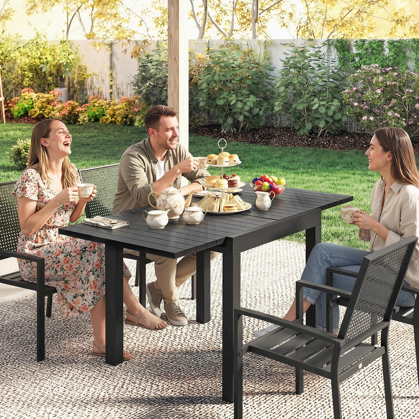 Aluminium Extending Garden Table with Faux Wood Slatted Top, Black