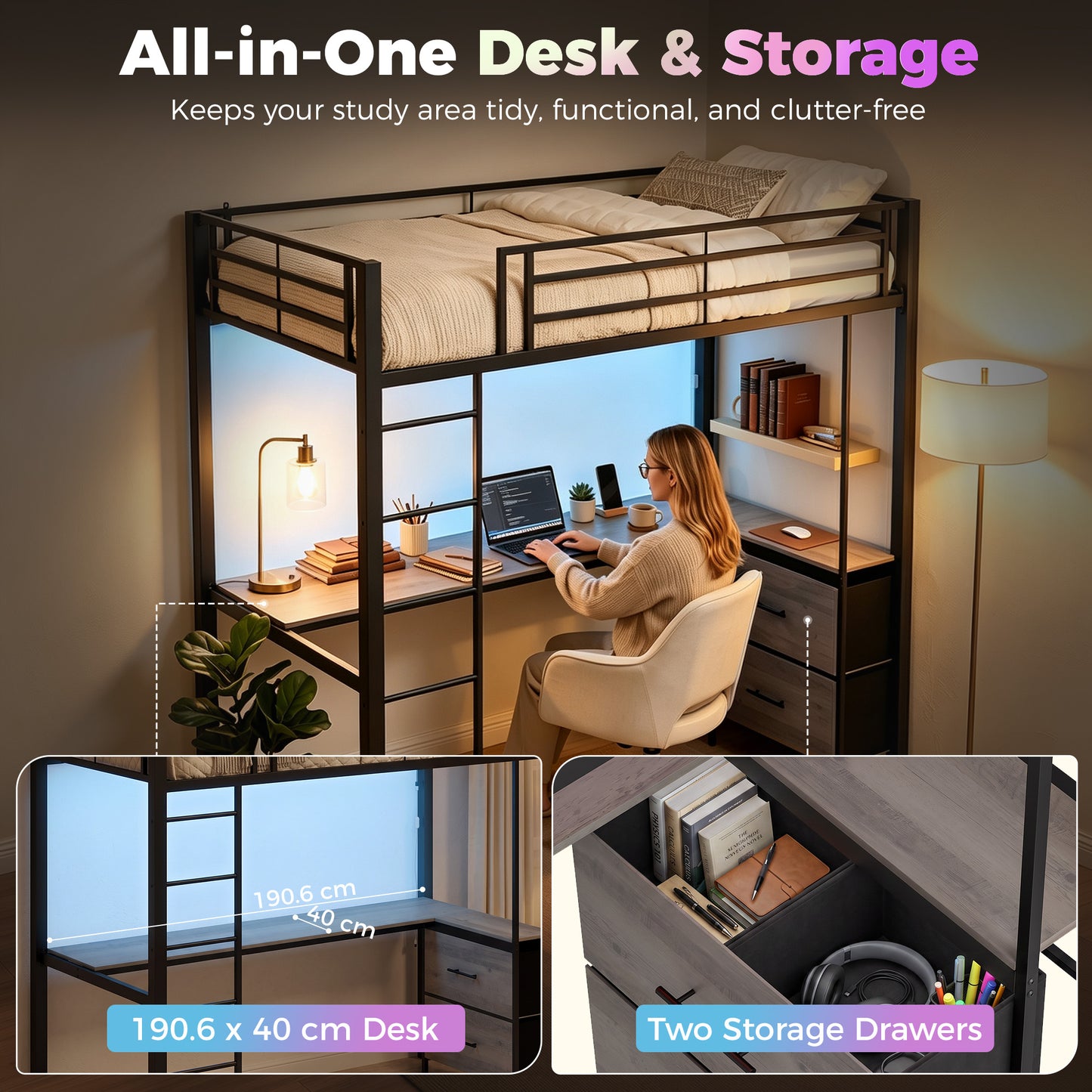 Metal Bunk Bed with Desk, High Sleeper with LED Light and Safety Guardrail