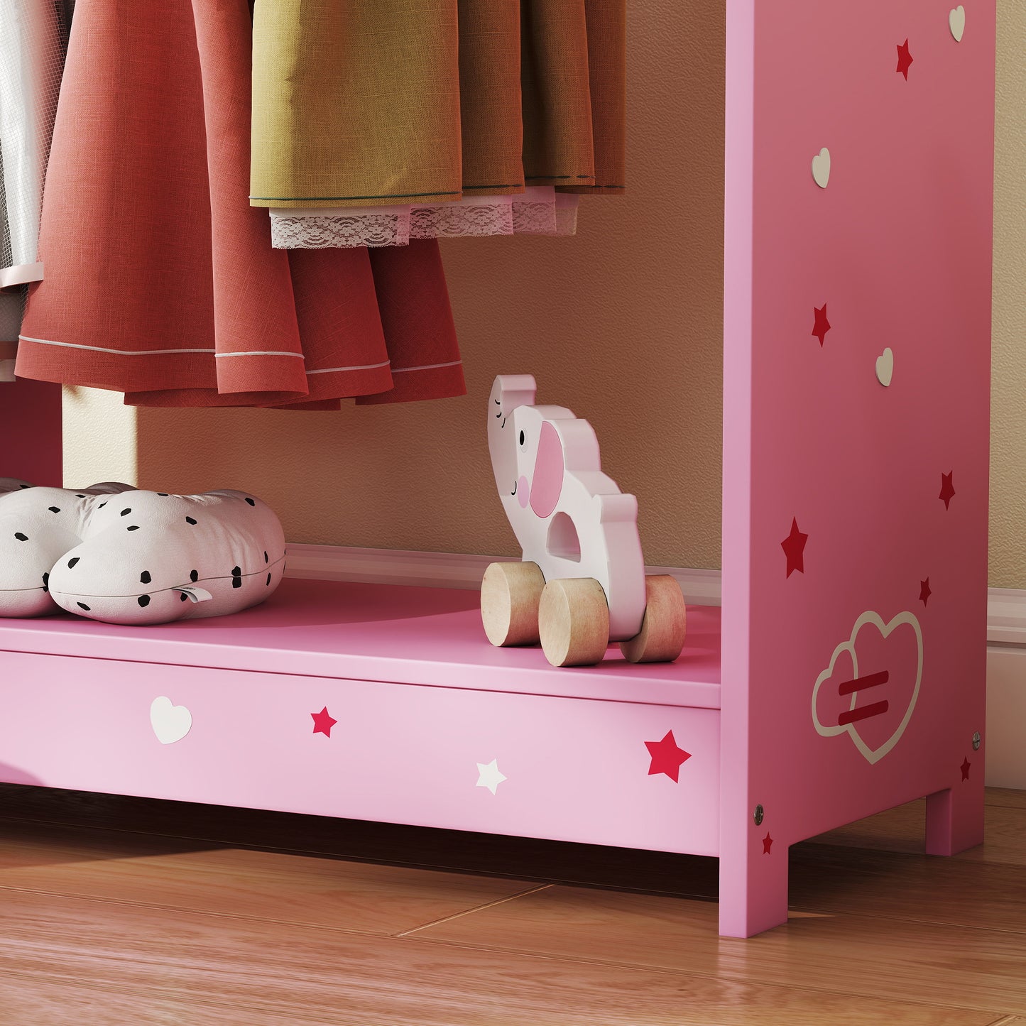 Kids Wardrobe, Kids Clothes Rail with Mirror for Bedroom, Pink