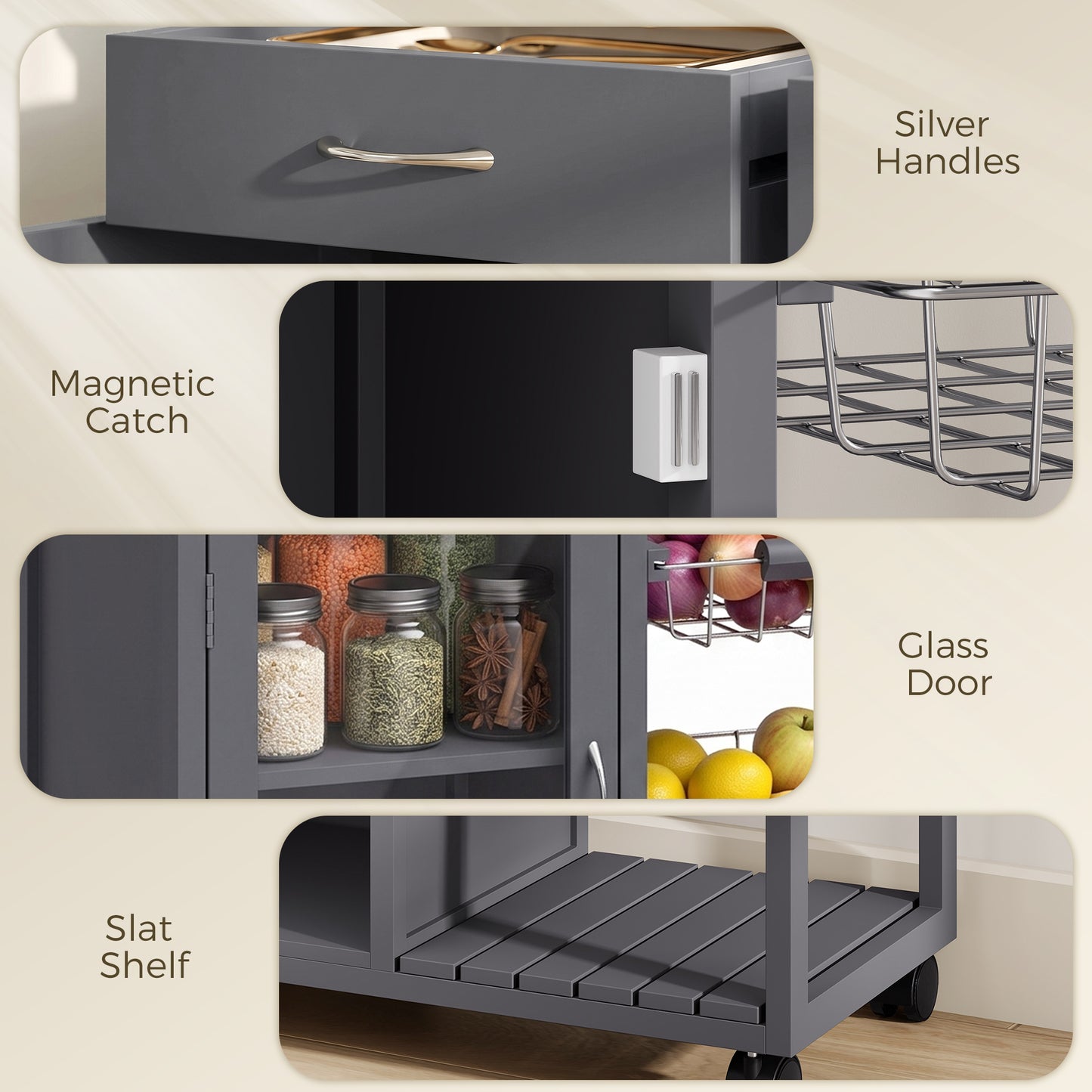 Bamboo Kitchen Island with Glass Door, 2 Metal Wire Baskets, Grey