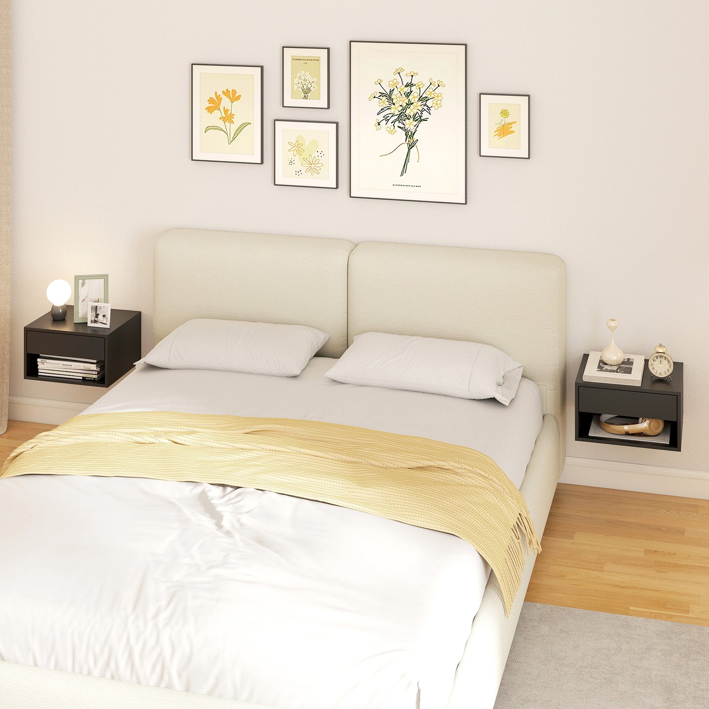 Floating Nightstands Set of 2, Bedside Table w/ Drawer and Open Shelf
