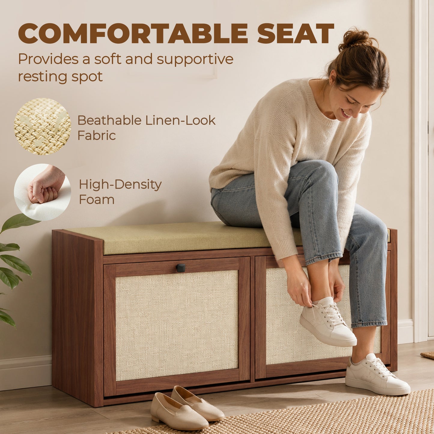 Rattan Shoe Bench with Padded Cushion and 2 Cabinets, Brown