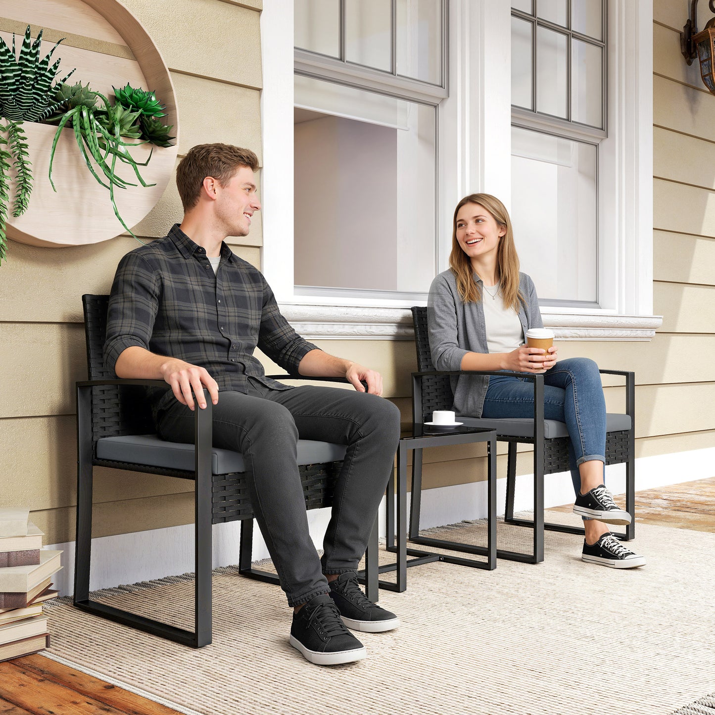 Rattan Bistro Set, 3 PCS Garden Furniture with Cushion, Light Grey