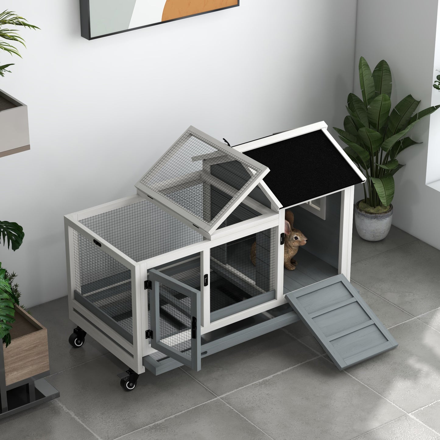Rabbit Hutch, Guinea Pig Cage with Wheels, Outdoor/Indoor, Grey