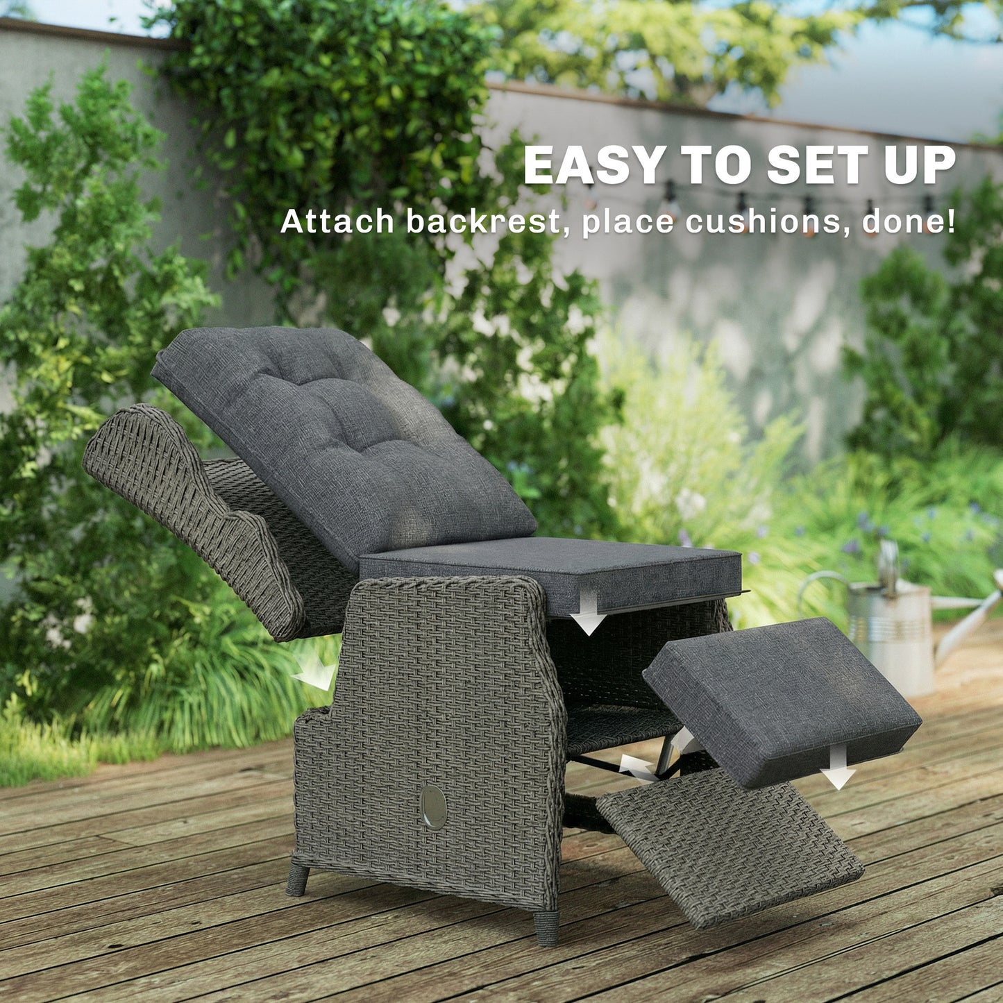 Rattan Garden Recliner Chair with Flip Table, Dark Grey