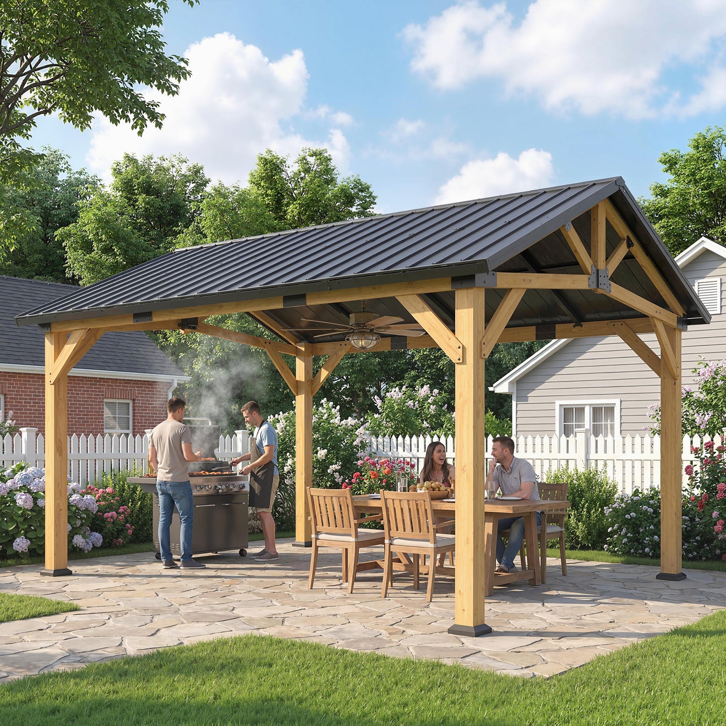 3.5 x 4 m Hardtop Gazebo with Galvanised Metal Roof, Black Grey