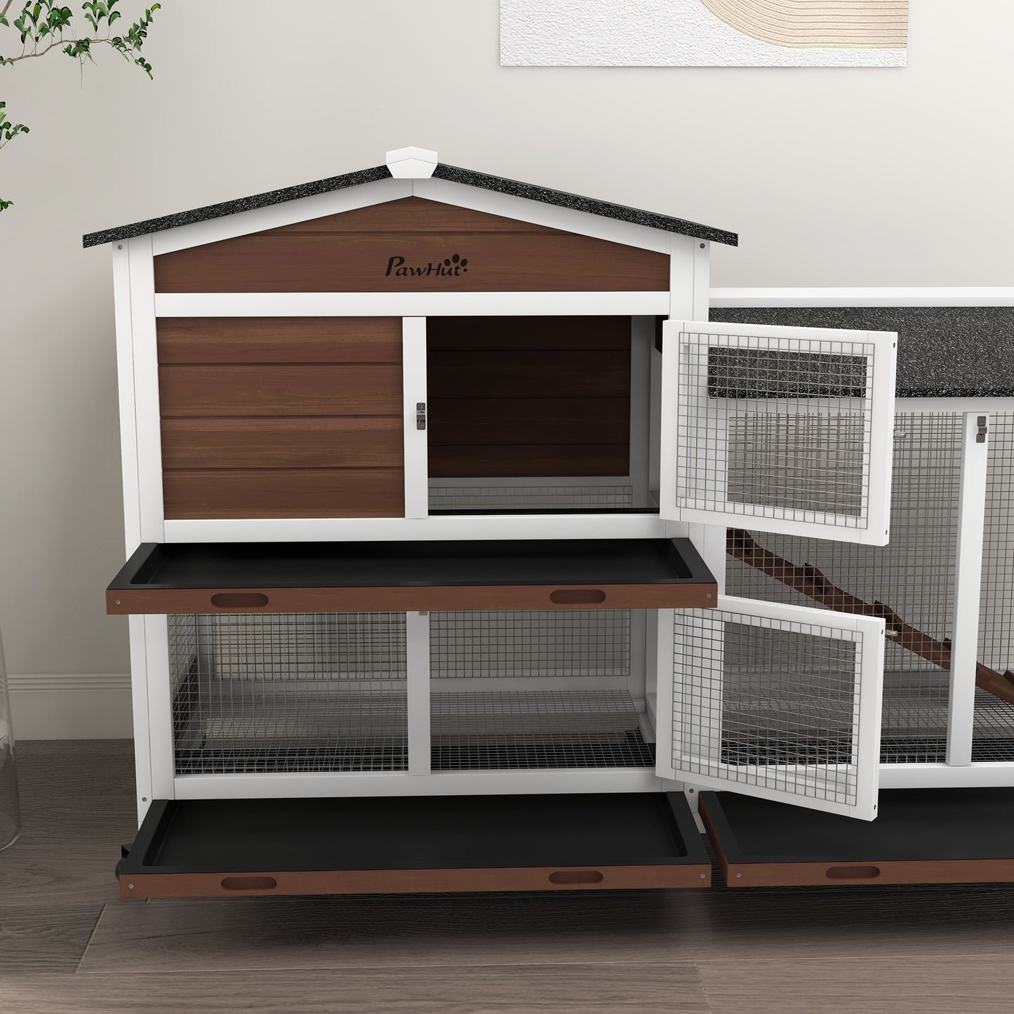 Rabbit Hutch, Bunny Cage Outdoor 2-Tier w/ Wheels & Tray, Brown
