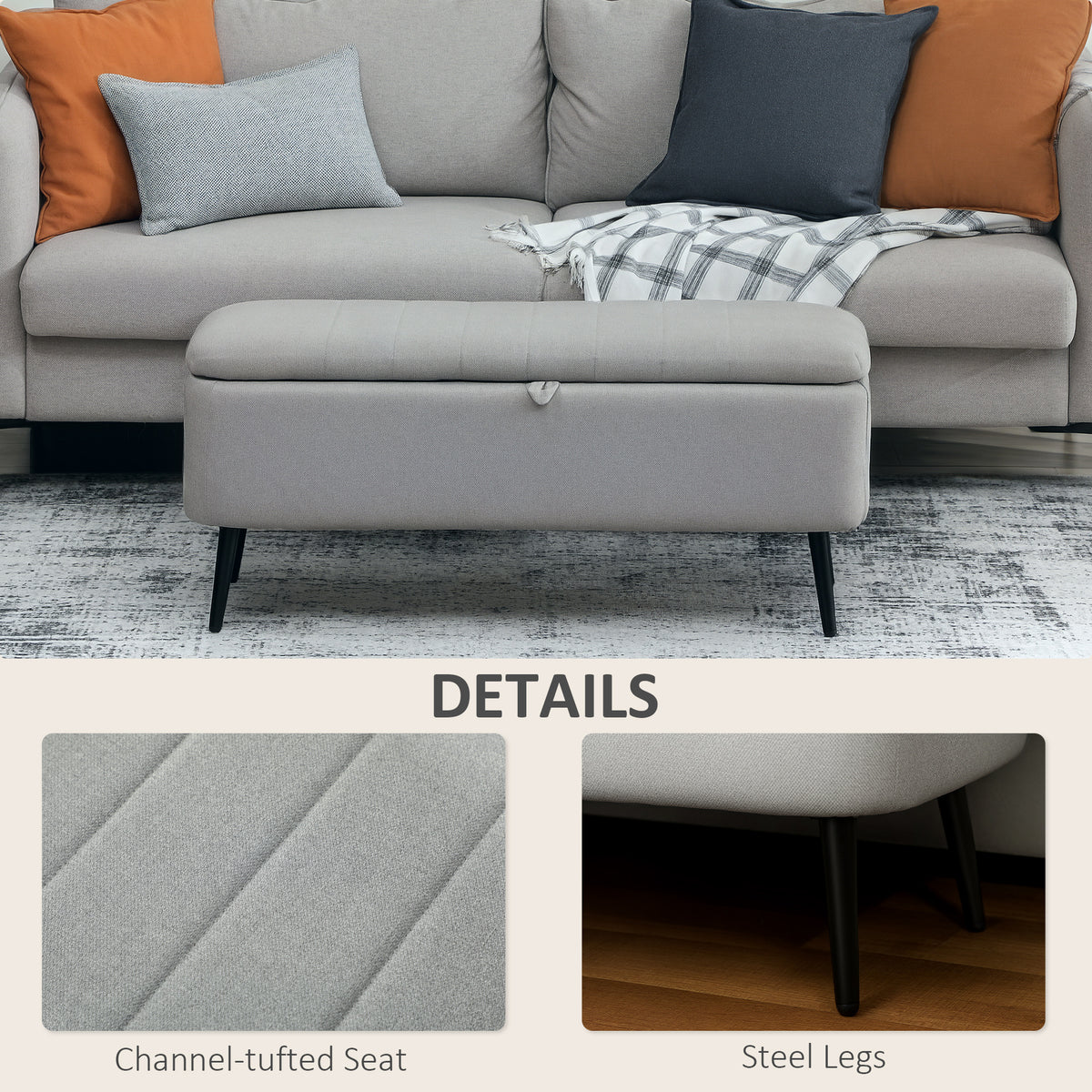 150kg Linen-Look Storage Ottoman Bench with Padded Seat and Steel Legs - Light Grey