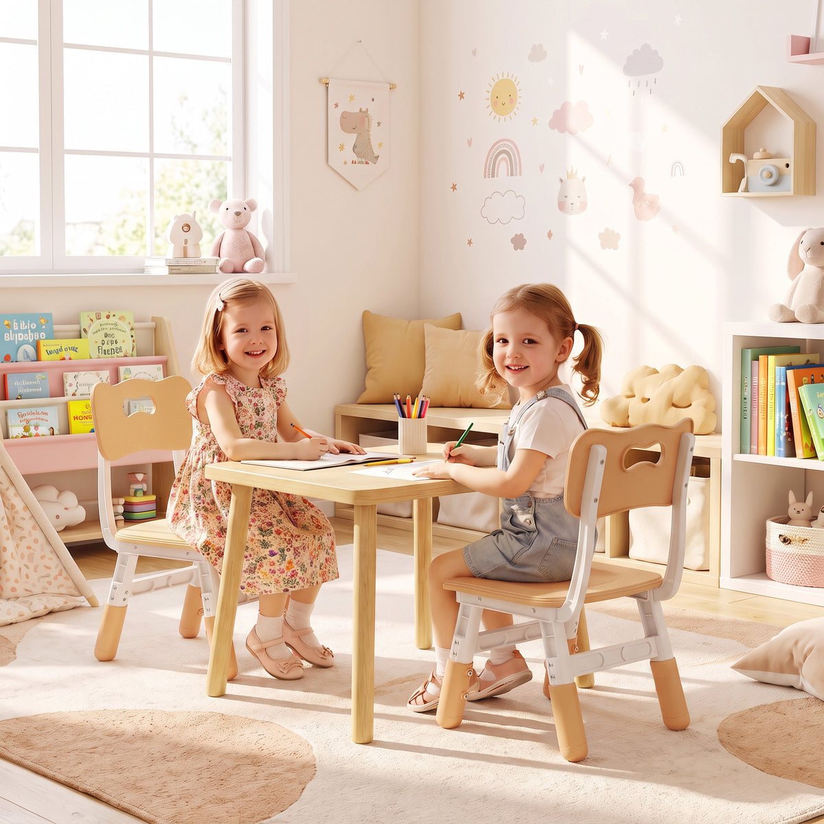 Set of 2 Height-Adjustable Kids' Desk Chairs - Brown & White
