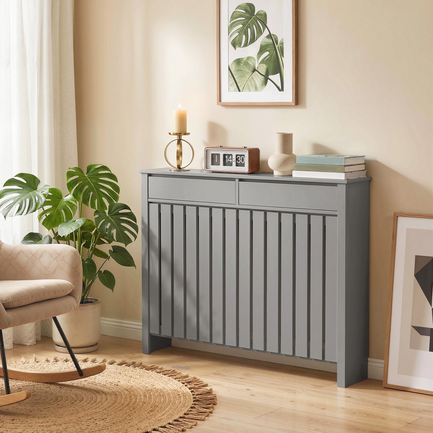 Large Radiator Cover with Drawers and Vertical Slats 119 x 19 x 93 cm