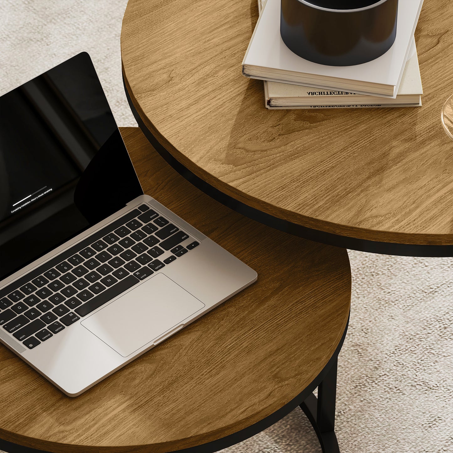 2 Pcs Stacking Coffee Table Set with Steel Frame, Brown Wood Effect