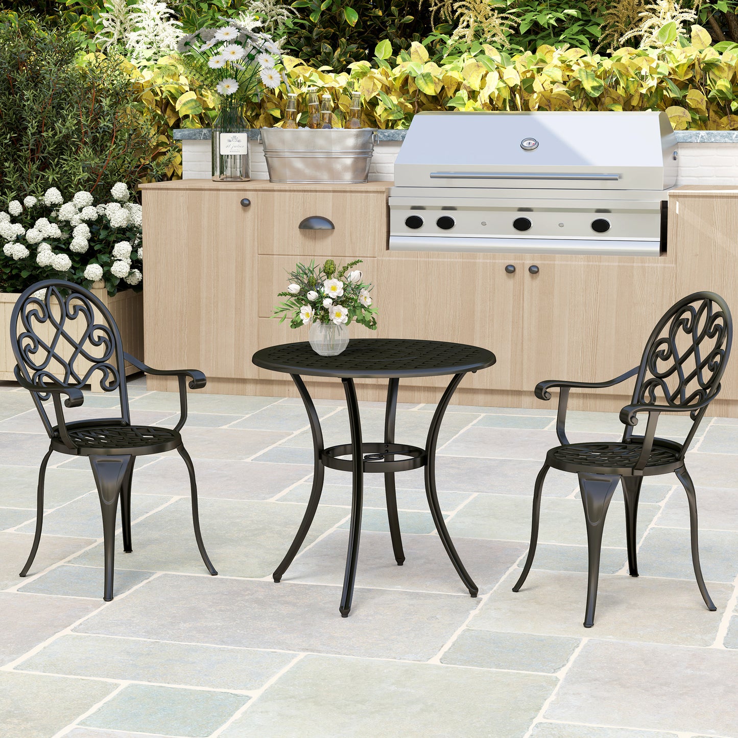 3PCs Bistro Set, Aluminium Garden Table and Chairs Black
