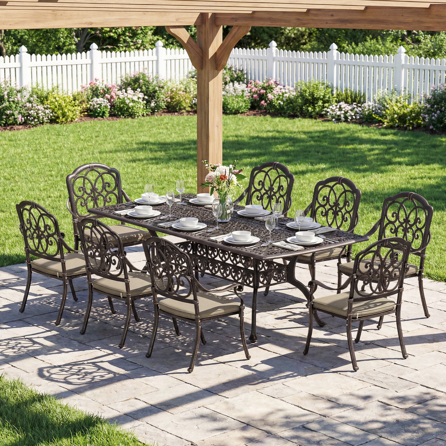 9 Piece Cast Aluminium Garden Dining Set with Cushions, Bronze Tone