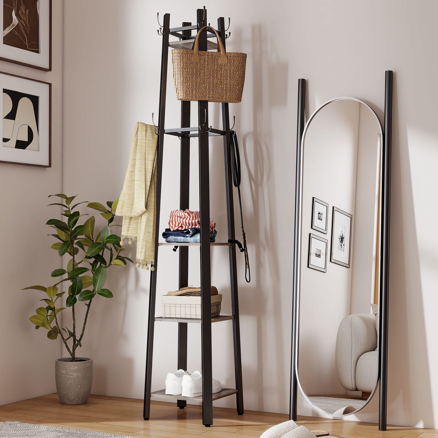 Industrial Coat Stand with 4 Storage Shelves and 8 Hooks Grey