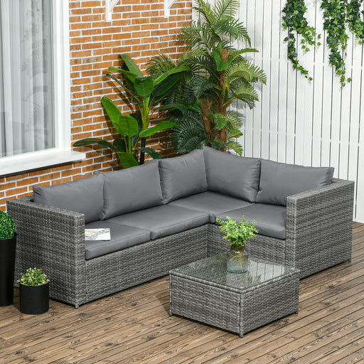 3 Pieces Rattan Garden Furniture 4 Seater Outdoor Patio Corner Sofa Chair Set with Coffee Table Thick Cushions Grey