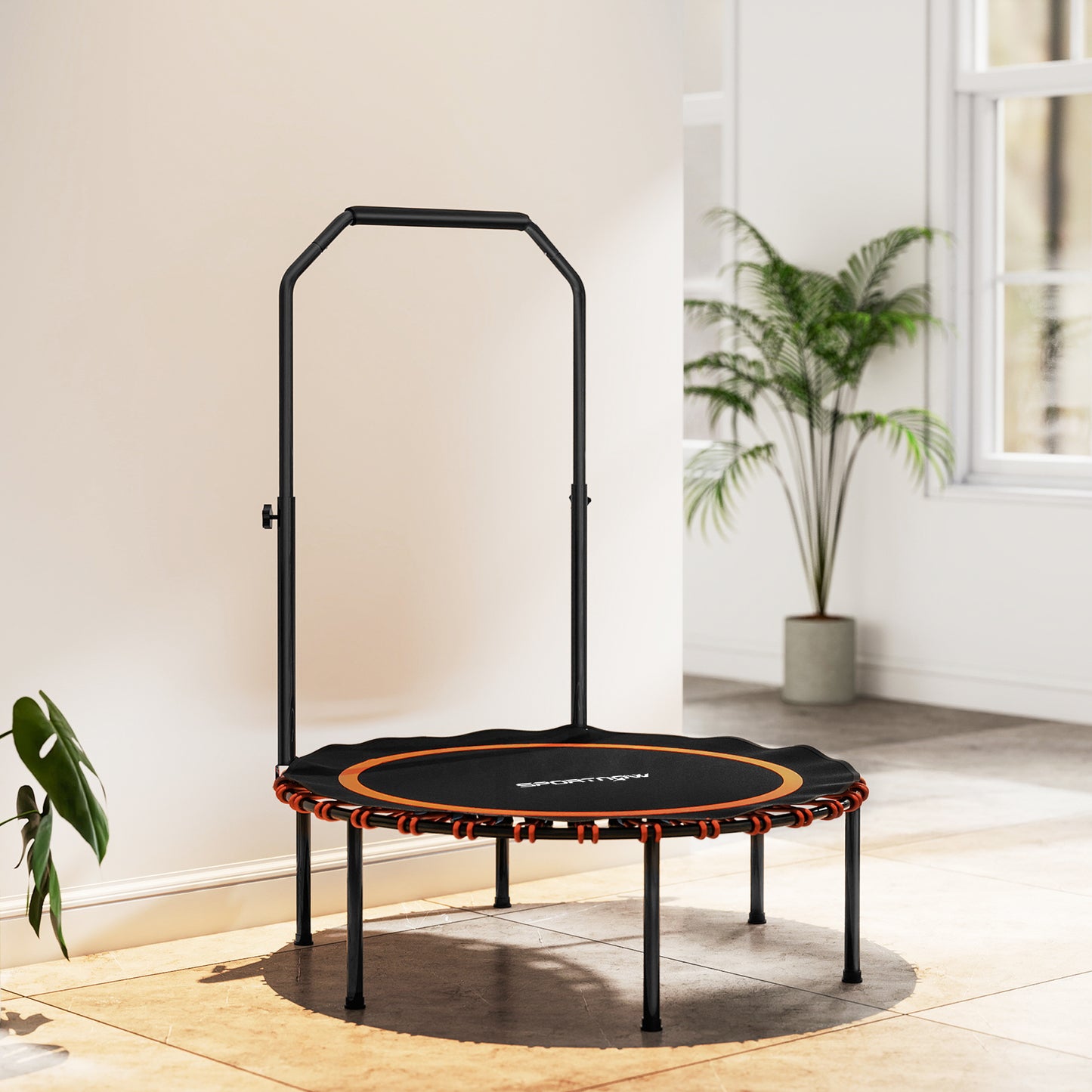 40'' Foldable Fitness Trampoline, Mini Trampoline Bungee Rebounder with 5-Level Adjustable Handle for Adults Indoor Outdoor Exercise, Orange