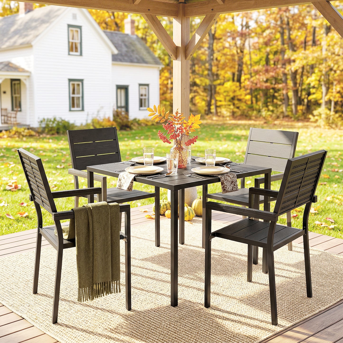 5 Pieces Garden Dining Set, Outdoor Furniture with HDPE Table