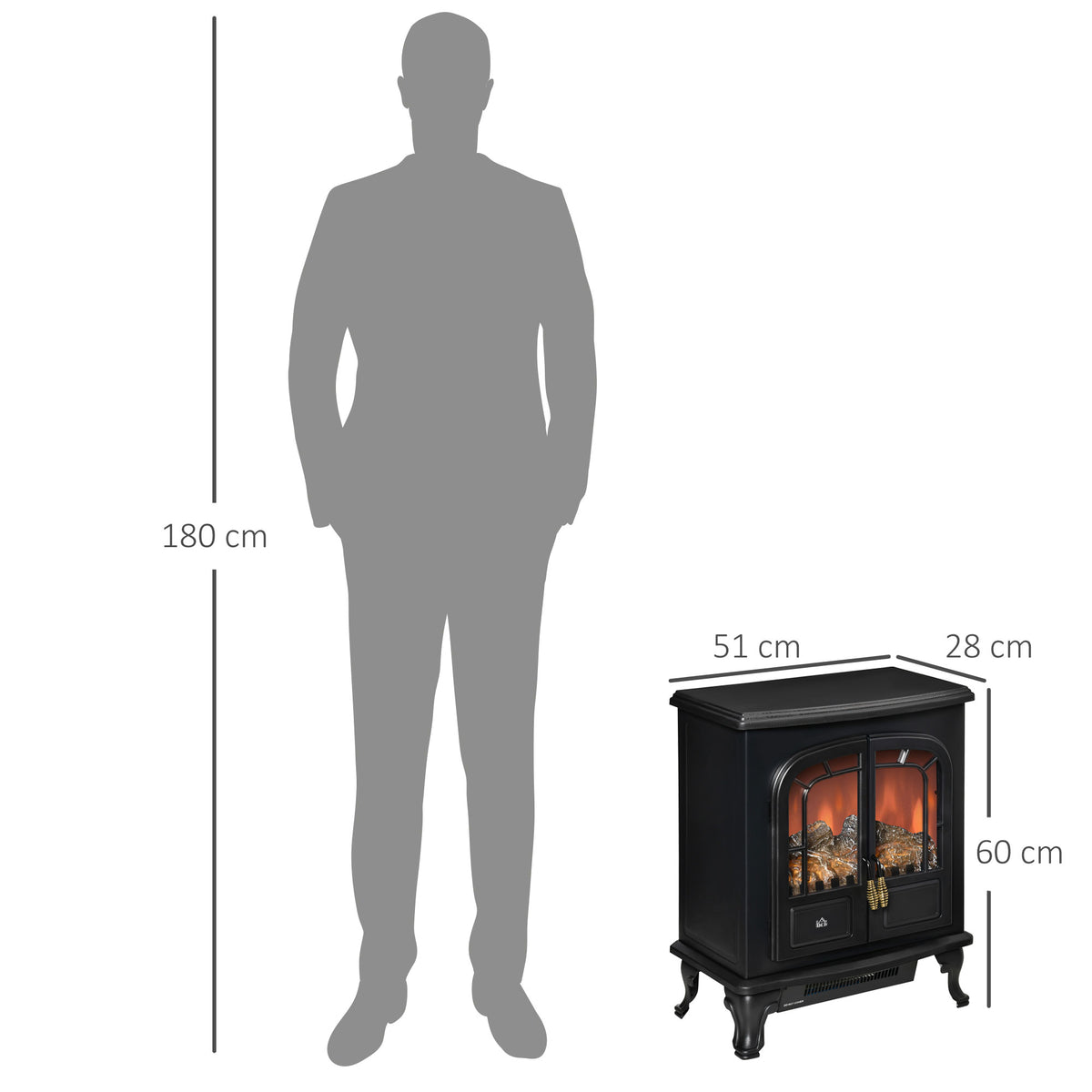 1000/2000W Freestanding Electric Stove Fireplace with Adjustable Flame Effect - Black