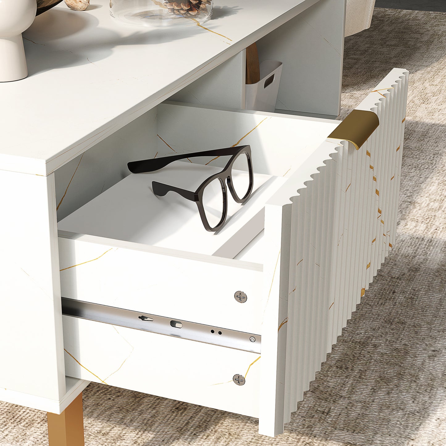 Coffee Table, Living Room Table with Drawer and Open Shelves, White