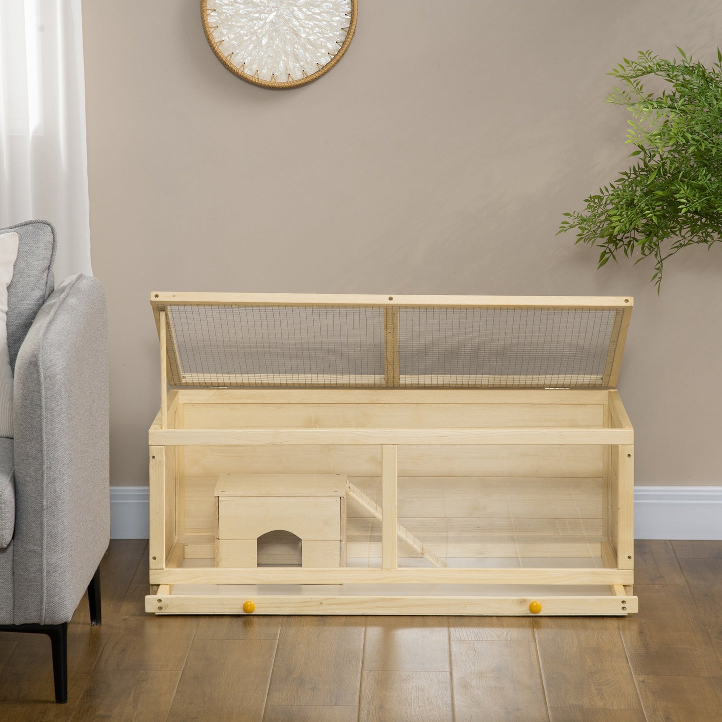 Wooden Hamster Cage w/ Sliding Tray, Openable Top, Hut, Natural Wood