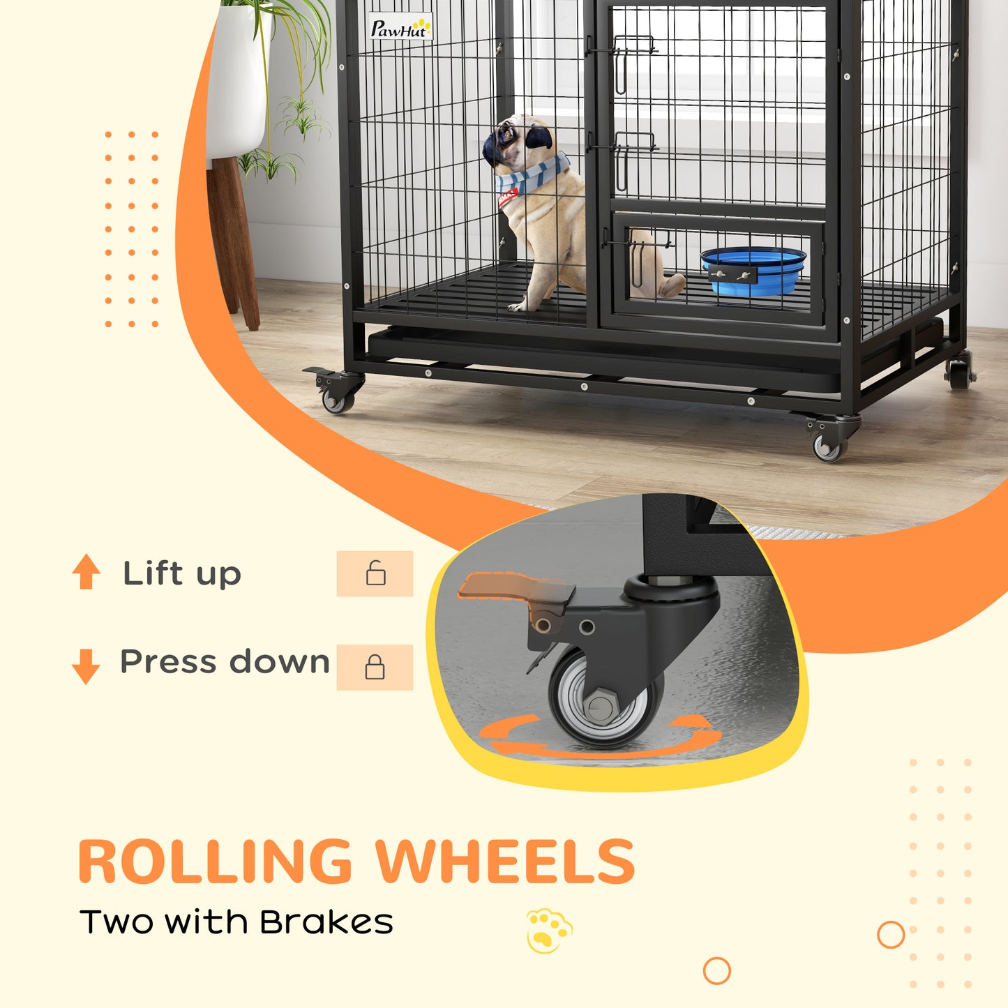 36" Heavy Duty Dog Crate on Wheels w/ Bowl Holder, Removable Tray