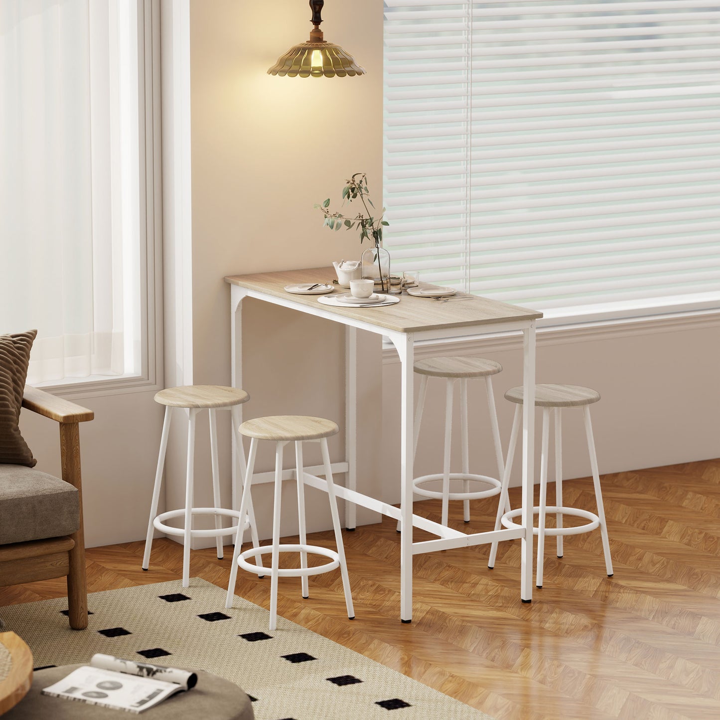 5 Piece Bar Table and Stools Set with Metal Frame Natural Wood