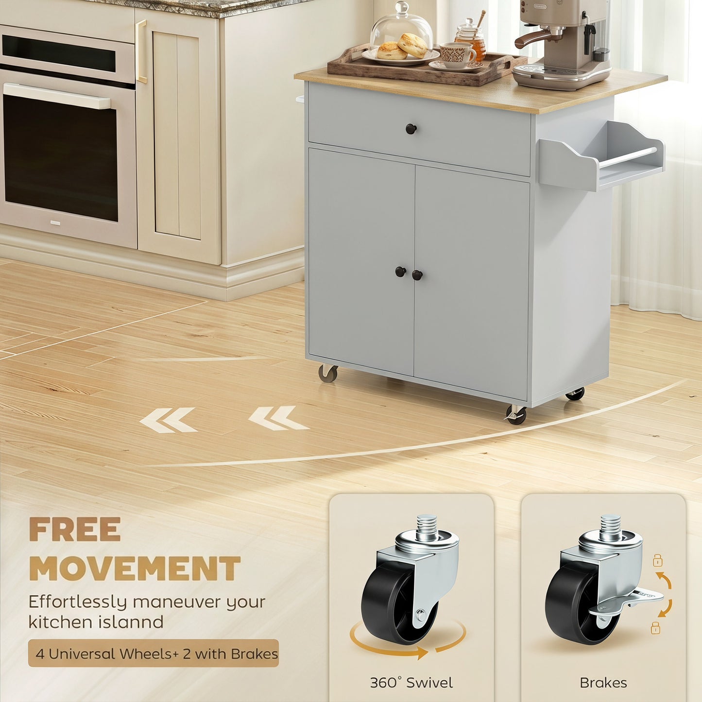 Kitchen Island with Drop Leaf, Rolling Kitchen Storage Trolley, Grey