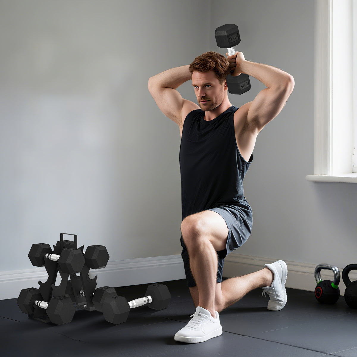 36kg Rubber-Coated Hex Dumbbell Set with Rack, 2 × 4kg, 2 × 6kg and 2 × 8kg - Black