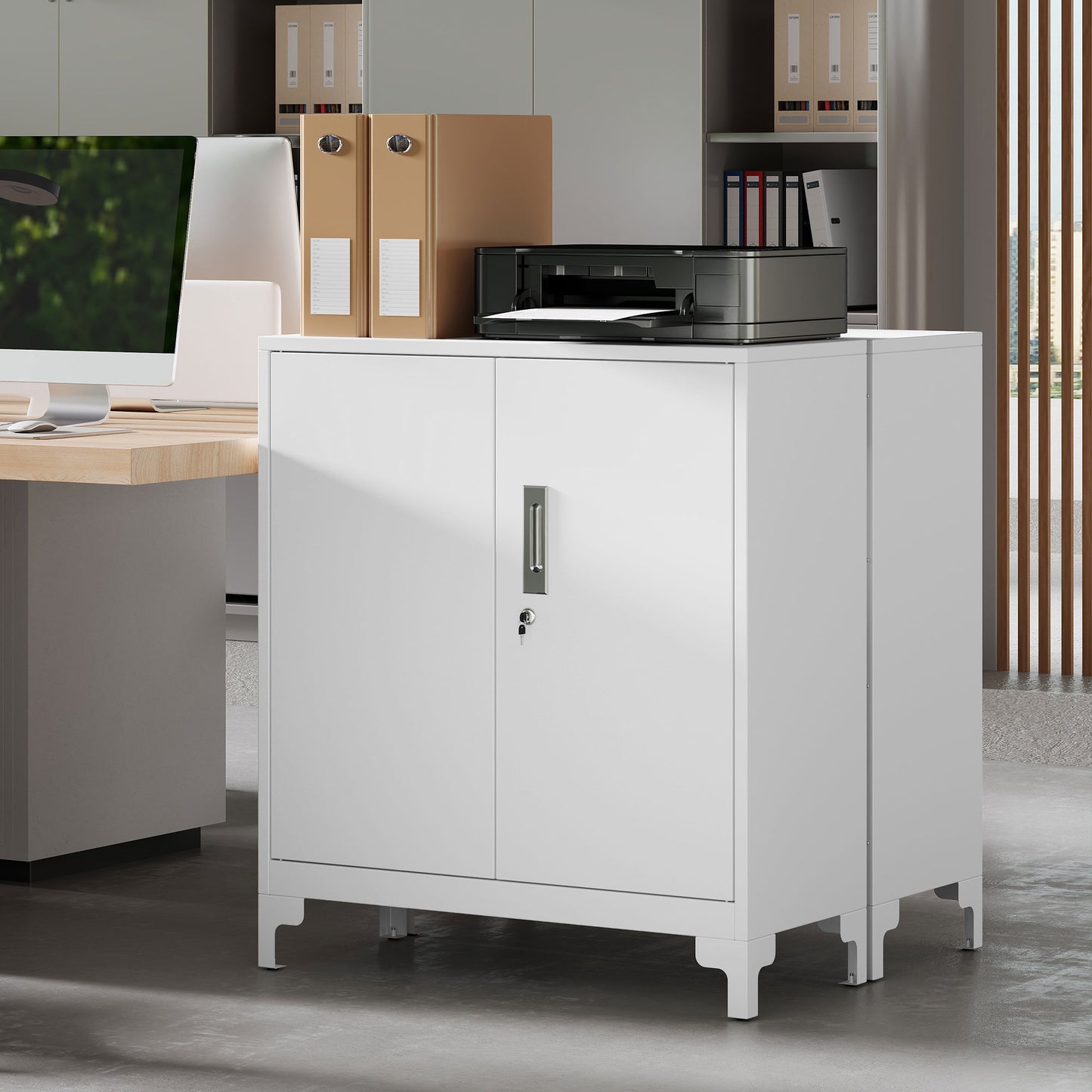 Lockable Metal Filing Cabinet, 2-Tier Storage Cupboard, White