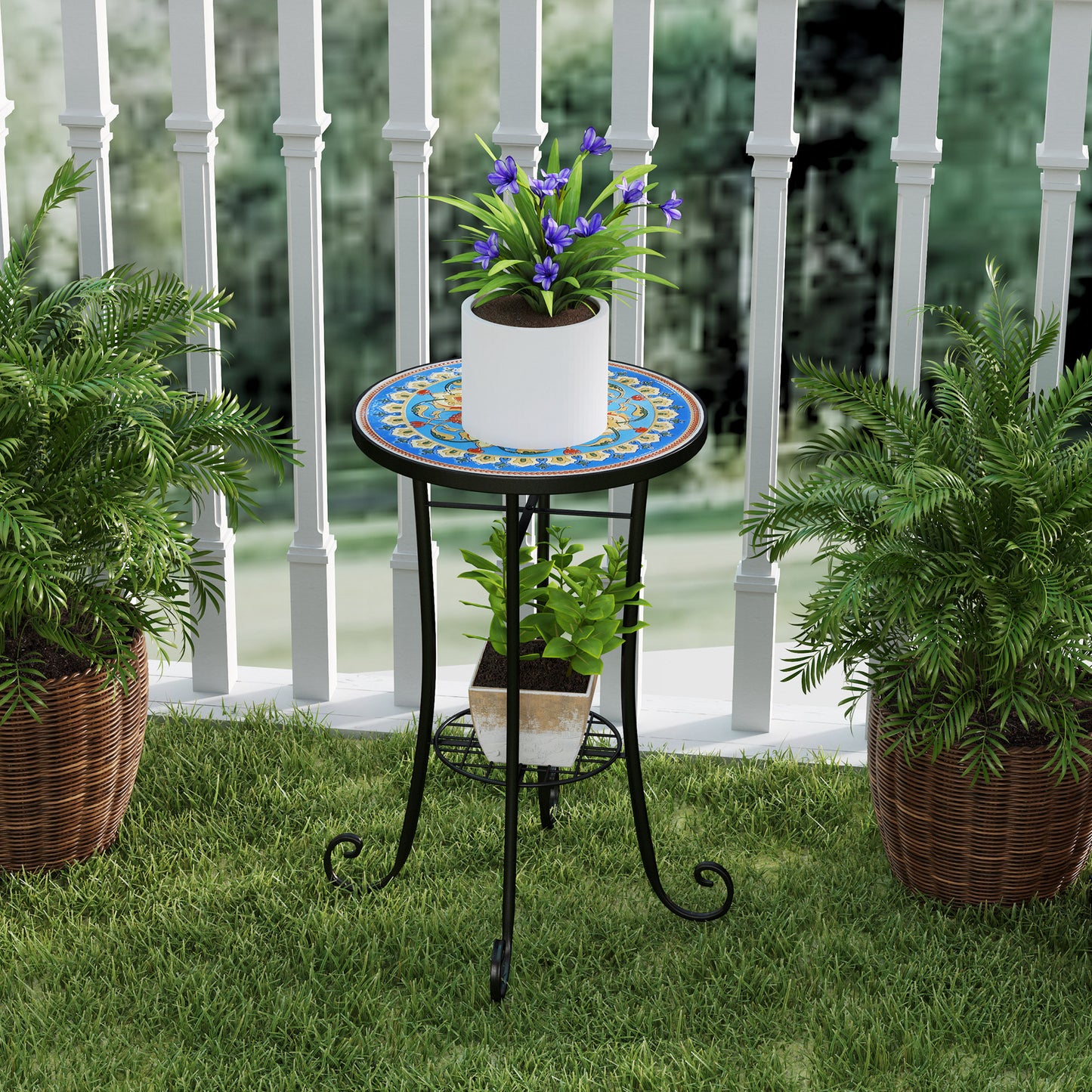 35.5cm Round Mosaic Garden Side Table Plant Stand w/ Shelf, Blue