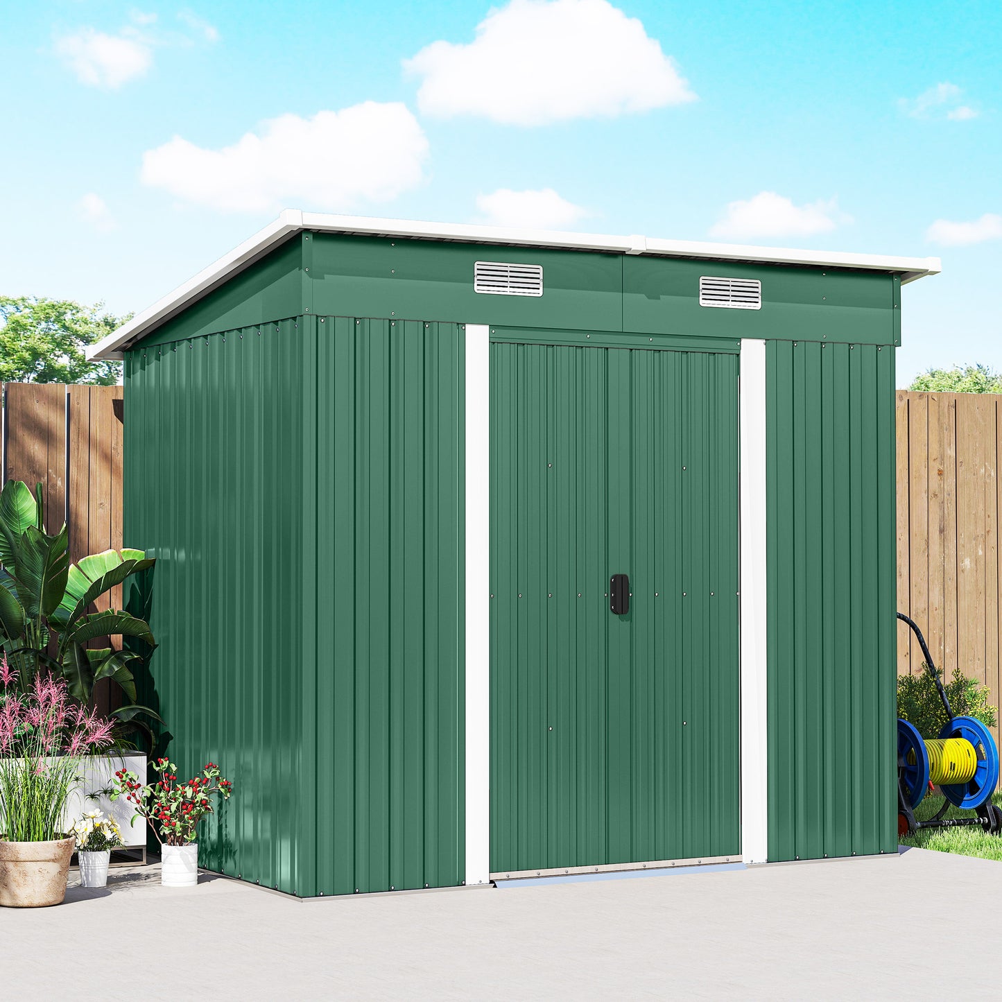 7 x 4ft Outdoor Storage Shed with Foundation Kit, Lean to Metal Garden Shed for Log, Rubbish Bin, Tool, Lawnmower, Bike, Patio Use, Green