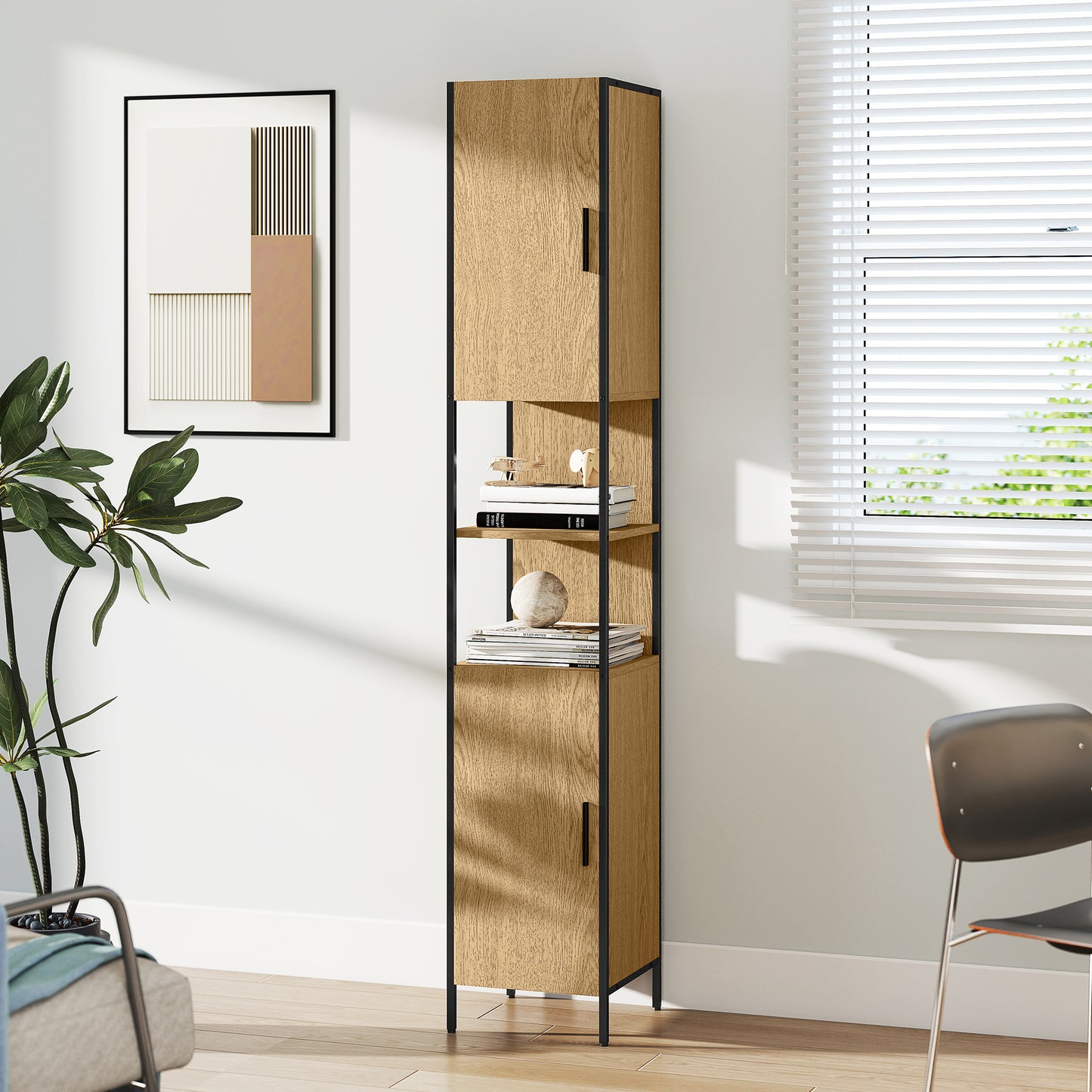 Slim Bathroom Storage Cabinet with 2 Doors Open Compartments Natural