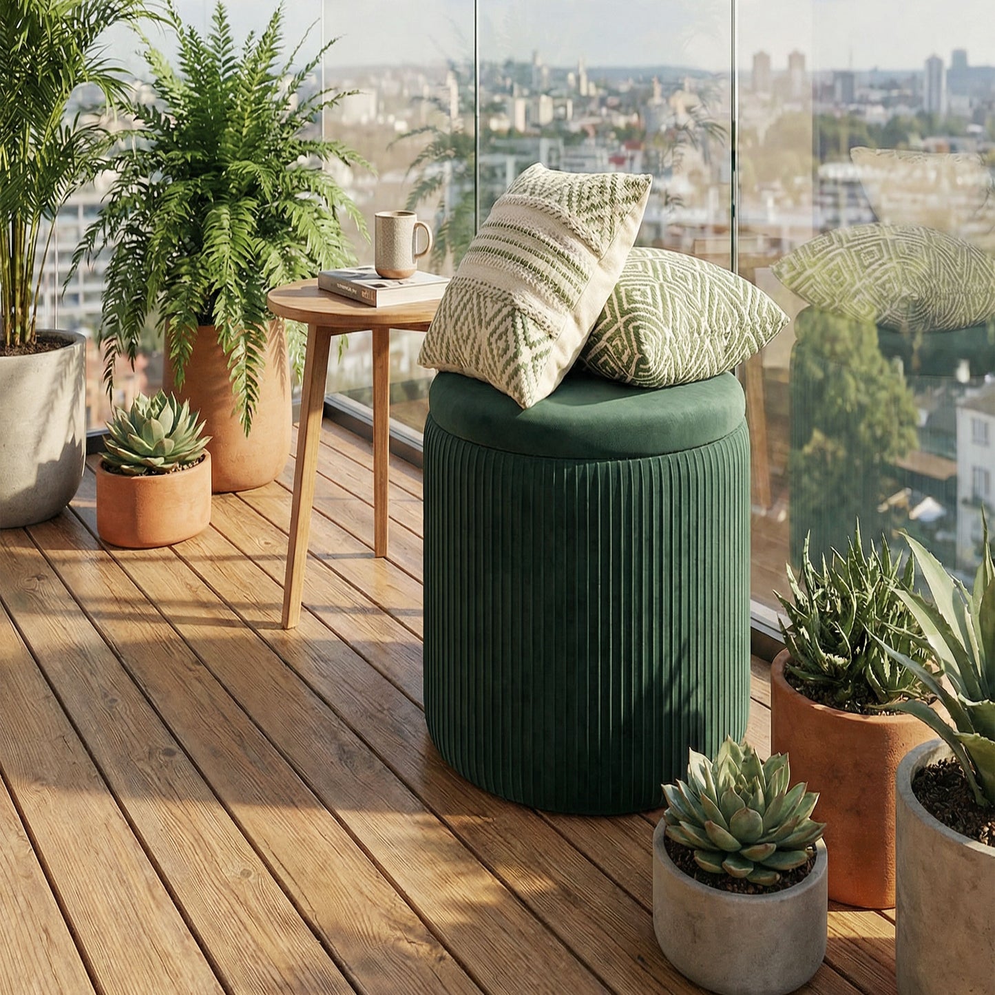 Round Storage Ottoman with Removable Top, Dark Green