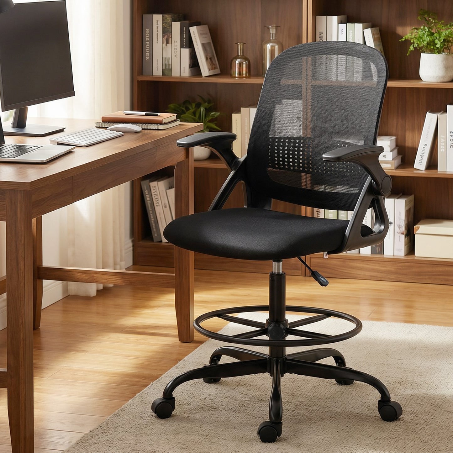 Mesh Painting Chair, Rolling Desk Chair with Flip-up Armrests, Black