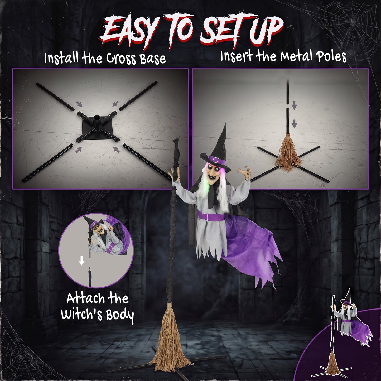 200cm Life Size Animated Witch, Scary Halloween Animatronic Decor