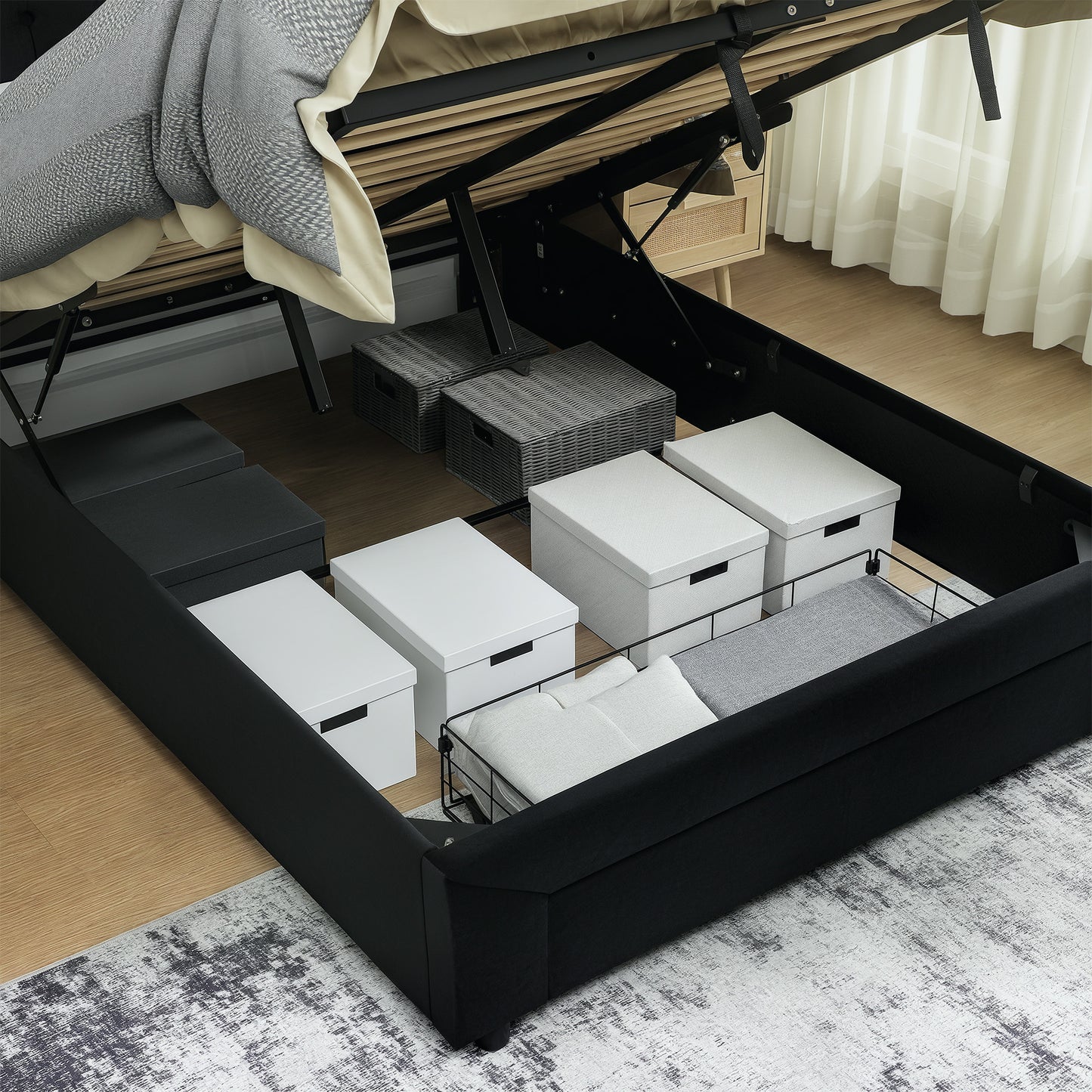 Double Bed Frame with Storage and Adjustable Velvet Headboard, Black