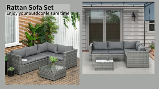 3 Pieces Rattan Garden Furniture 4 Seater Outdoor Patio Corner Sofa Chair Set with Coffee Table Thick Cushions Grey