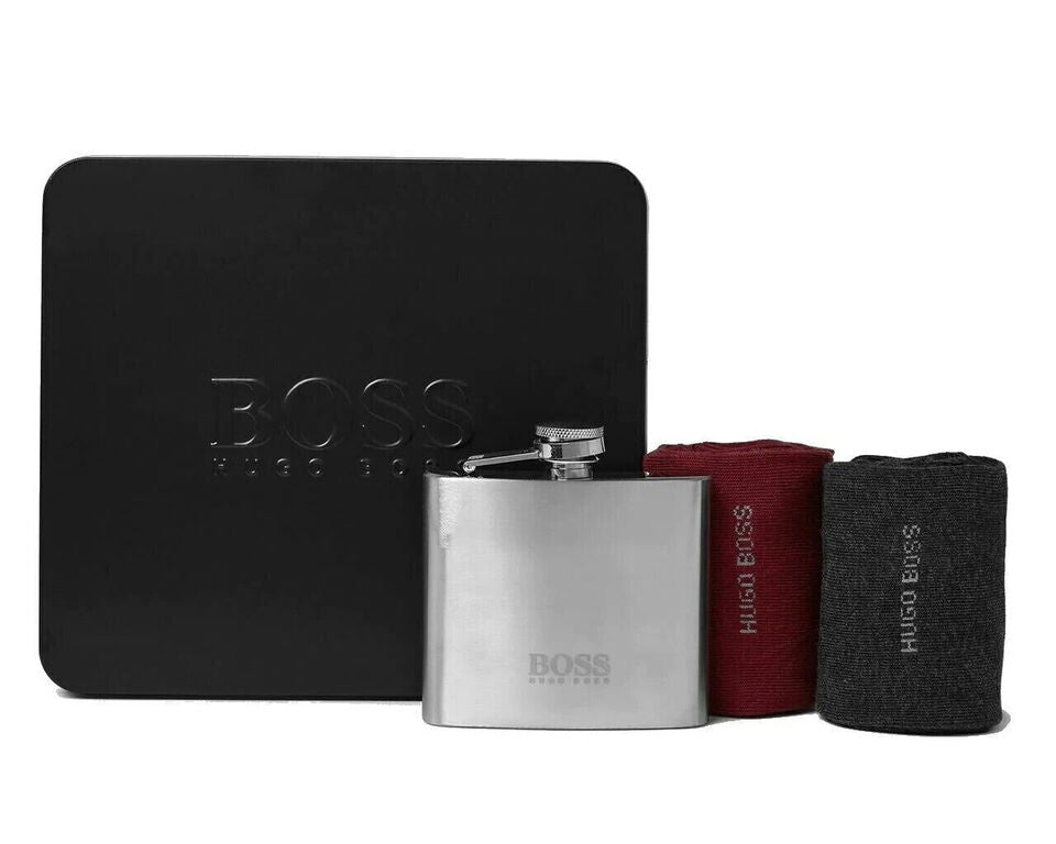 Hugo Boss Men’s Gift Set - Includes a Chic, Branded Logo Hip Flask Plus Two Pairs of Soft, Comfortable Socks