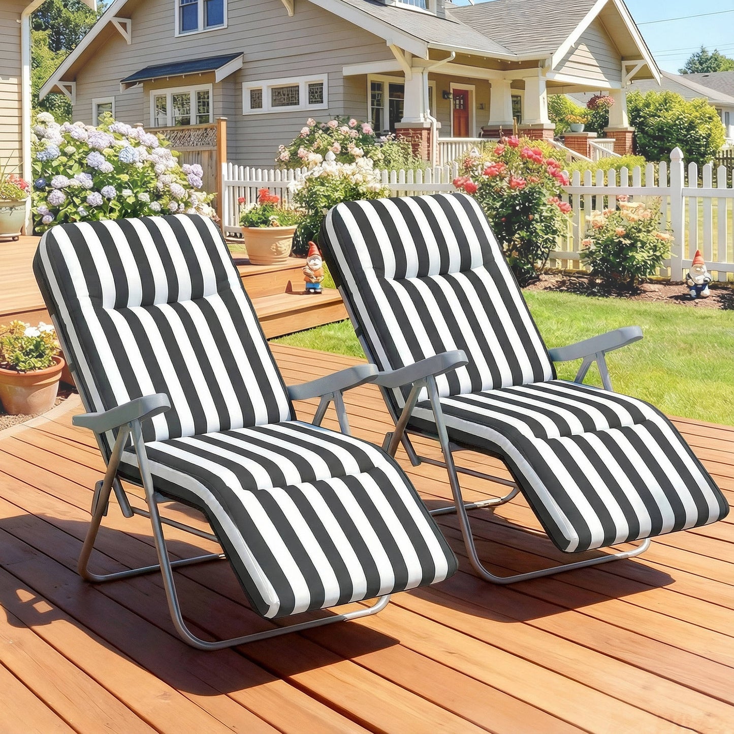 Set of 2 Adjustable Sun Lounger Recliner Reclining Seat Grey Stripe